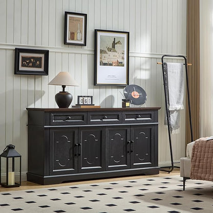 63" Black Buffet Sideboard Cabinet with 4 Doors and 3 Drawers, Modern Farmhouse Kitchen Storage Cabinet, Coffee Bar Cabinet with Adjustable Shelves, Kitchen Living Room Storage, Dining Room