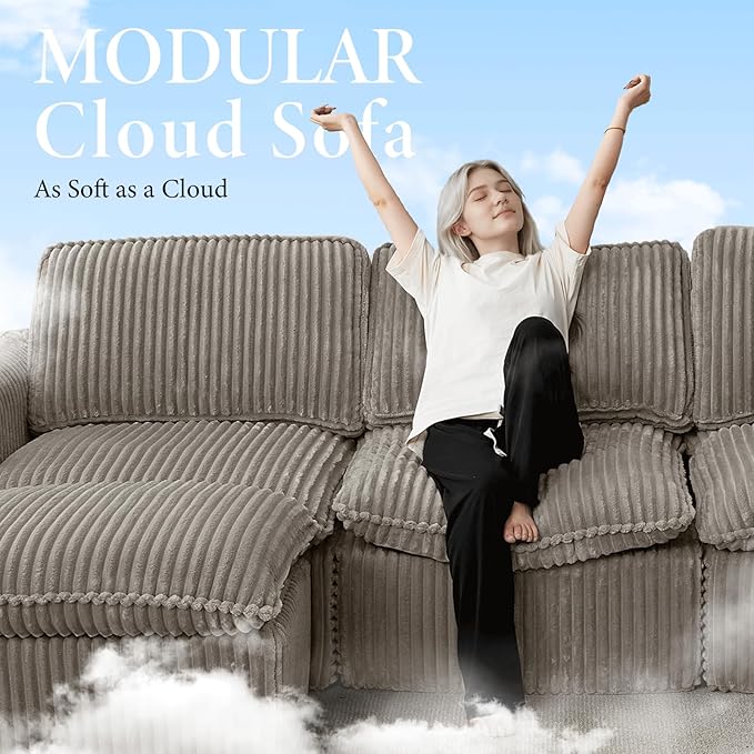 110'' Boneless Modular Cloud Couch for Living Room, Comfy Cloud Modular Sectional Couch with Ottoman, Convertible L Shaped Couches for Apartment, Dorm, No Assembly Required, Camel Corduroy