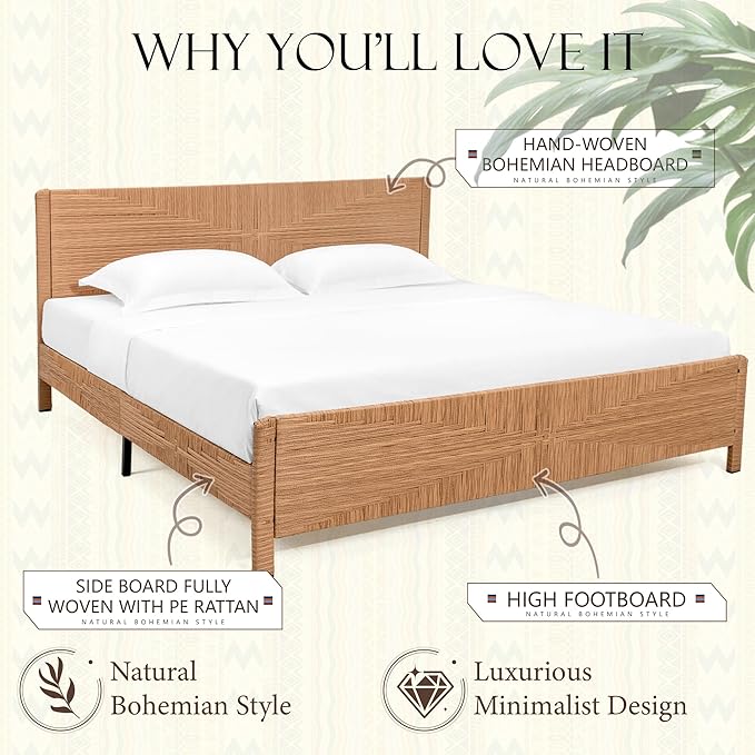 Yechen Hand-Woven PE Rattan King Bed Frame with Headboard and Footboard, Boho Mid Century Modern Bedframe with Vintage Pattern, Wicker Bed with Metal Frame and Slats, No Box Spring Needed, 1000lbs