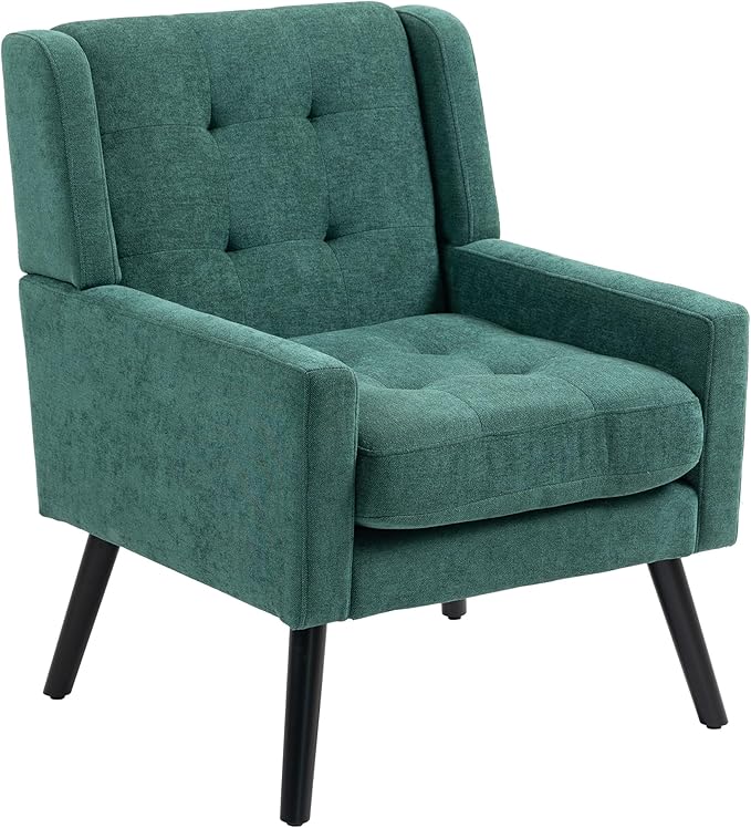 Mid-Century Modern Accent Chair, Plush Linen Fabric with Button Tufted High Back & 5" Thick Cushion, High Comfort Reading Chair for Living Room, Bedroom, Office (Green)