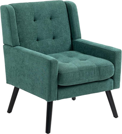 Mid-Century Modern Accent Chair, Plush Linen Fabric with Button Tufted High Back & 5" Thick Cushion, High Comfort Reading Chair for Living Room, Bedroom, Office (Green)
