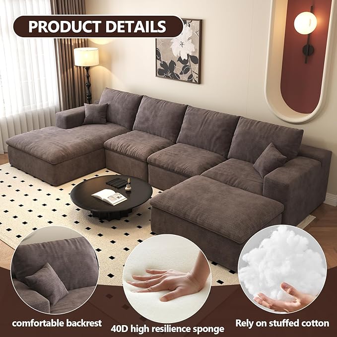 136.6'' U-Shaped Modern Modular Sectional Cloud Couch Whit Ottoman, 4-Seat Chenille Deep-Seat Sofa with Pillow for Living Room, Bedroom, Apartment, Camel
