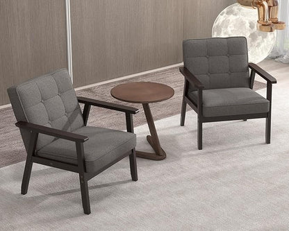 Modern Accent Chair with Wooden Table, Upholstered Linen Fabric Leisure Chair Comfy Side Chair with Backrest Button and Arm Rest for Living Room Bedroom Reading(Gray)