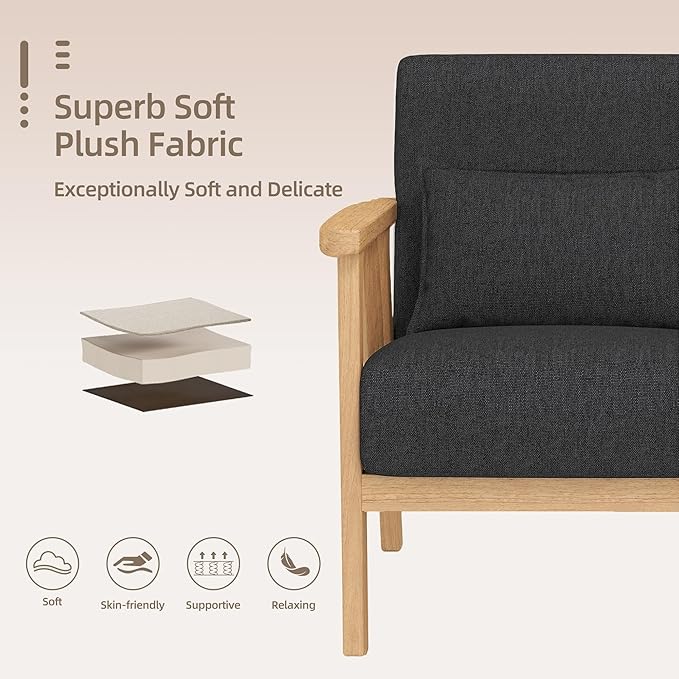 Mid-Century Modern Accent Chair, Linen Armchair and Lounge Chair with Lumbar Pillow, Wide Seat & Solid Wood Frame for Living Room, Bedroom or Balcony （Dark Gray）