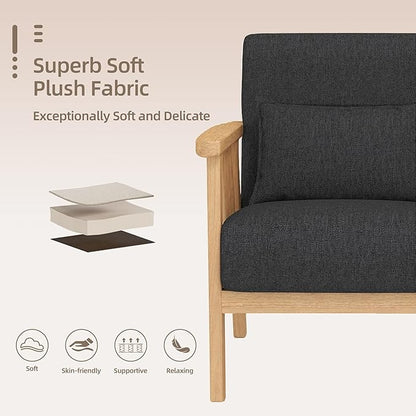Mid-Century Modern Accent Chair, Linen Armchair and Lounge Chair with Lumbar Pillow, Wide Seat & Solid Wood Frame for Living Room, Bedroom or Balcony （Dark Gray）