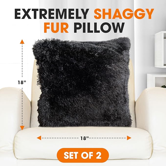 Cheer Collection Throw Pillows for Couch and Bed, Soft Shaggy Throw Pillows with Inserts Included, Cozy Long Hair Faux Fur Pillows - Set of 2-18" x 18" - Black
