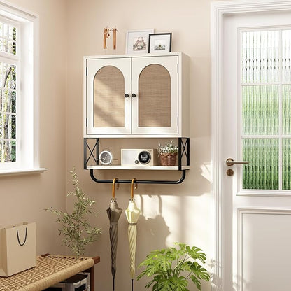 RUSTOWN Rattan Bathroom Wall Cabinet, Boho Over The Toilet Storage Cabinet with Arched Rattan Doors, Modern Medicine Cabinet with Adjustable Shelves & Towel Bar (Vintage White, Medium)