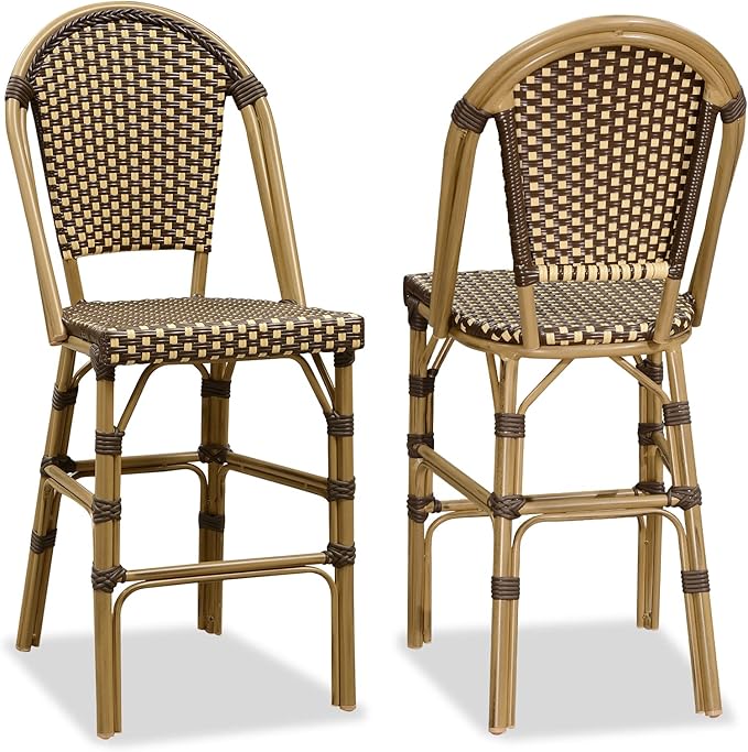 PURPLE LEAF French Counter Height Bar Stool Set of 2 25" Bamboo Print Finish Patio Bar Chairs with Back Rattan Bar Chairs French Bistro Set for Kitchen Outdoor Counter Stool Brown
