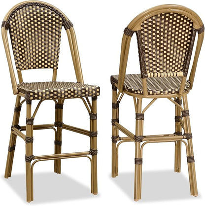 PURPLE LEAF French Counter Height Bar Stool Set of 2 25" Bamboo Print Finish Patio Bar Chairs with Back Rattan Bar Chairs French Bistro Set for Kitchen Outdoor Counter Stool Brown