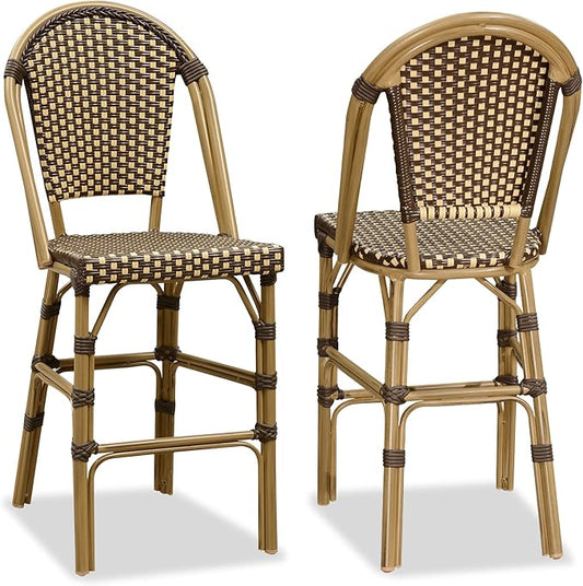 PURPLE LEAF French Counter Height Bar Stool Set of 2 25" Bamboo Print Finish Patio Bar Chairs with Back Rattan Bar Chairs French Bistro Set for Kitchen Outdoor Counter Stool Brown