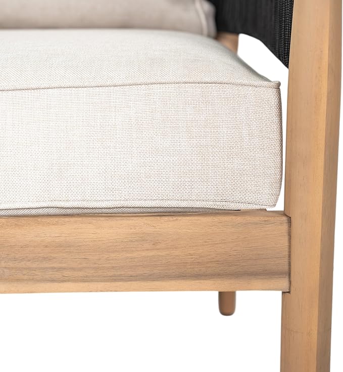 Christopher Knight Home Katarina Patio Acacia Wood Loveseat Furniture, Outdoor Loveseat Sofa with Comfy Fabric Cushions, 2-Seater Sofa with Handwoven Rope Backrest for Garden/Backyard, Black+Beige