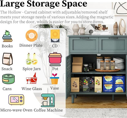 Kitchen Storage Cabinet with Drawers - Accent Cabinet with Carved Door, Floor Sideboard Buffet with Storage, Small Wood Credenza for Living Room, Dining Room, Entryway, Green