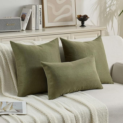 FUTEI Moss Green Chenille Throw Pillow Covers 18x18 Inch Set of 2,Soft Wide Chevron Textured Cushion Case,Farmhouse Home Decor for Couch Bed Living Room