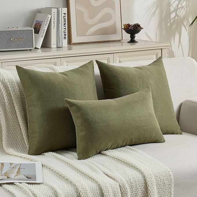FUTEI Moss Green Chenille Throw Pillow Covers 22x22 Inch Set of 2,Soft Wide Chevron Textured Cushion Case,Farmhouse Home Decor for Couch Bed Living Room
