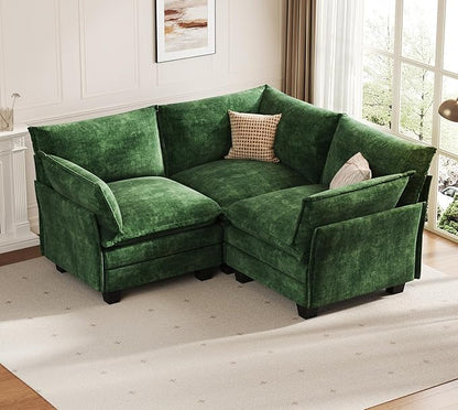 KKL Modular Sectional Sofa, V-Shaped 3 Seater Cloud Couch with Ottoman, Chenille Modern Sectional Couches for Living Room, Apartment Green