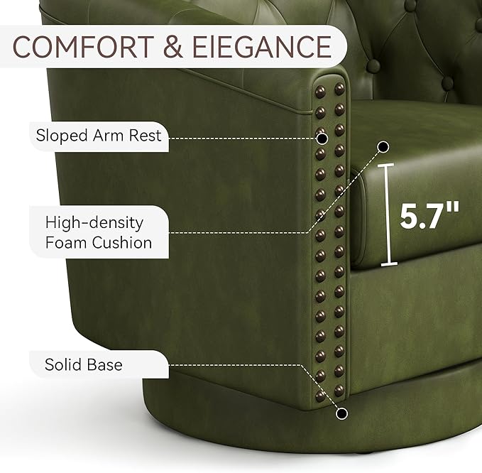 Swivel Barrel Accent Chair,Round Nailhead Faux Leather Living Room Arm Chairs,Modern Upholstered Comfty Reading Nook Chairs for Bedroom,Small Club Armchair,Single Sofa Side Chair,Olive Green