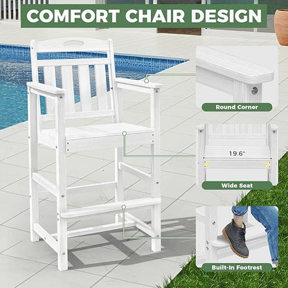 HDPE Outdoor Patio Bar Set with Bar Height Table and 2 Adirondack Chairs, All-Weather High Top Outside Round Pub Furniture for Bistro, Garden, Backyard, Deck | 3-Pieces, White