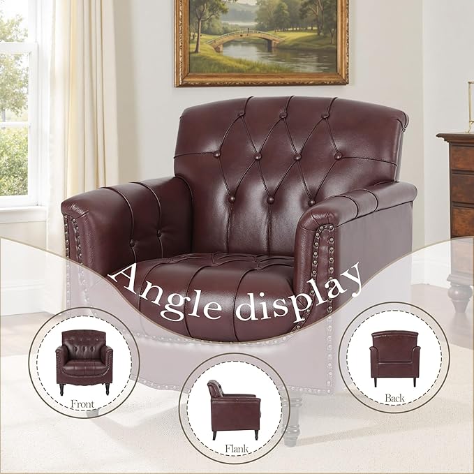 Pia Ricco Modern Tufted Accent Chair, Single Faux Leather Armchair with Nailhead Trim & Wood Legs, Comfortable Upholstered Seat for Living Room, Office - Wine Red