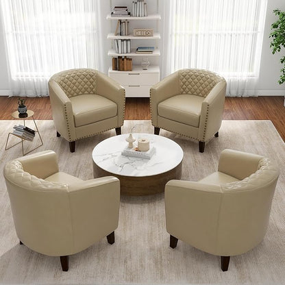Pia Ricco Faux Leather Barrel Accent Chairs Set of 4, Modern Club Arm Chair Comfy Upholstered Single Sofa Chair with Solid Wood Legs and Nailhead Trim for Living Room/Reading Room, Beige