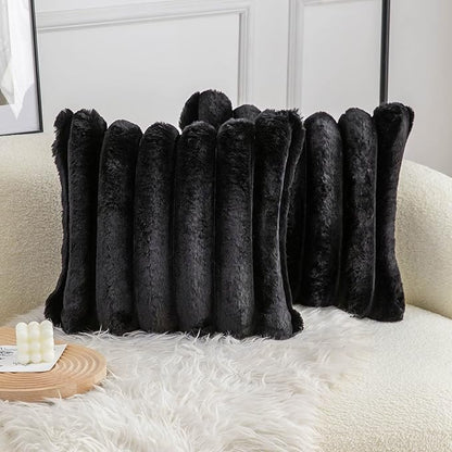 Neelvin Black Faux Fur Cozy Soft Striped Decorative Throw Pillow Covers 24x24 inch Set of 2,Velvet Pillowcase Cushion Case for Sofa Couch