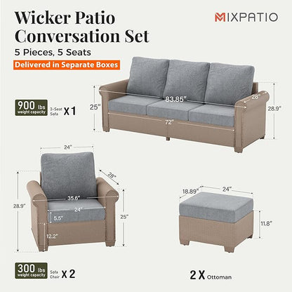 Patio Furniture Set 5 pcs, Wicker Outdoor Patio Furniture, 3-Seat Sofa, 2 Single Chairs and 2 Ottomans, Rattan Patio Conversation Set for Backyard Deck, Grey
