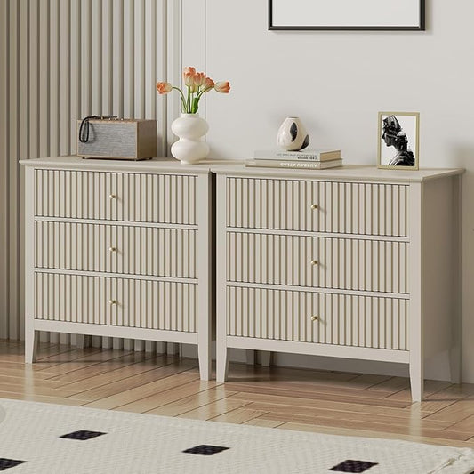 RoyalCraft Large 3 Drawer Dresser Set of 2, Fluted Wood Drawers for Bedroom, Modern Painted 30 inch Wide Nightstand for Bedroom, Entryway, Beige