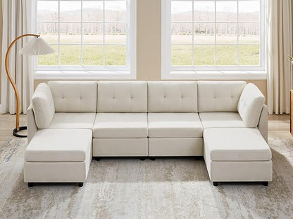 VANOMi 4 Seat Modular Sectional Sofa with 2 Ottomans, 118" Cloud Sofas & Couches, Comfy Chenille Sectional Couches for Living Room, Apartment, Office, Beige, U Shaped