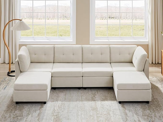 VANOMi 4 Seat Modular Sectional Sofa with 2 Ottomans, 118" Cloud Sofas & Couches, Comfy Chenille Sectional Couches for Living Room, Apartment, Office, Beige, U Shaped