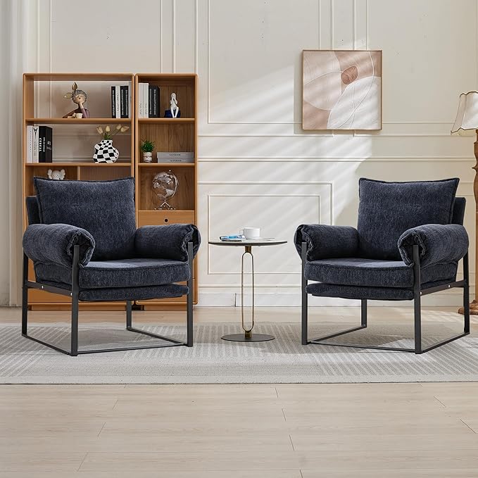 Xifan Modern Comfy Reclining Chair with 6 Angle Adjustable Backrest, Upholstered Accent Chair Fabric Living Room Lounge Chair for Reading Room - Dark Blue, Set of 2