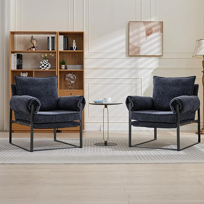 Xifan Modern Comfy Reclining Chair with 6 Angle Adjustable Backrest, Upholstered Accent Chair Fabric Living Room Lounge Chair for Reading Room - Dark Blue, Set of 2