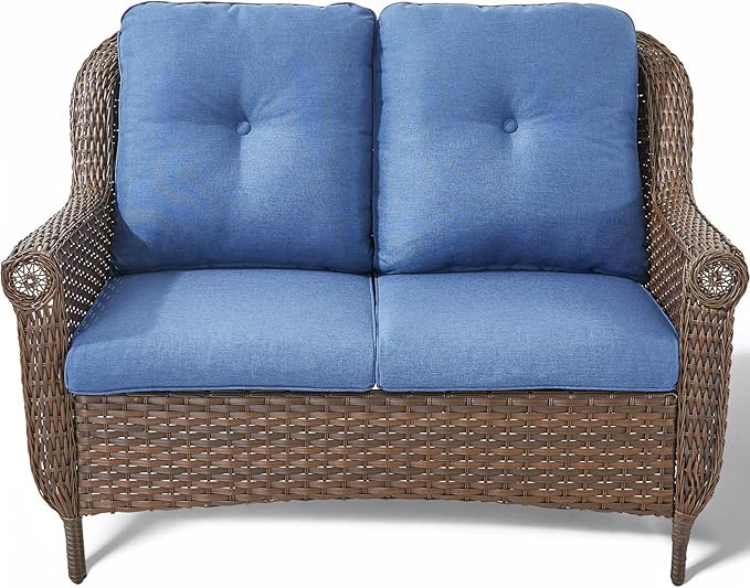 Patio Loveseat Outdoor Wicker Sofa - Heavy Duty All-Weather Brown Rattan 2-Person Sofas with High Back and Comfortable Thick Cushions for Garden Back Porch Poolside Apartment - Navy Blue