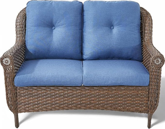 Patio Loveseat Outdoor Wicker Sofa - Heavy Duty All-Weather Brown Rattan 2-Person Sofas with High Back and Comfortable Thick Cushions for Garden Back Porch Poolside Apartment - Navy Blue