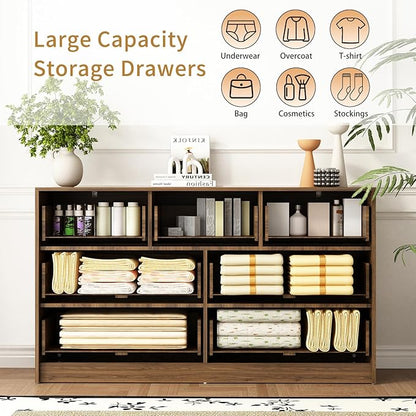 3-Piece Modern Bedroom Furniture Set, Wide 7-Drawer Dresser & 3-Drawer Nightstands Set of 2, Natural Wood Dresser and Nightstand Sets for Bedroom,Hallway, Walnut