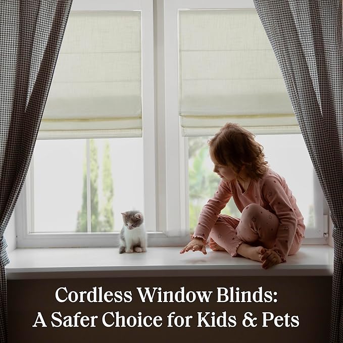 Madison Park Kyler Cordless Roman Shades - Single Panel, Lightweight Linen Blend Fabric, Natural Design, Easy Installation, Light Filtering Window Blind, Bedroom, Living Room Decor 31"W x 64"L Ivory