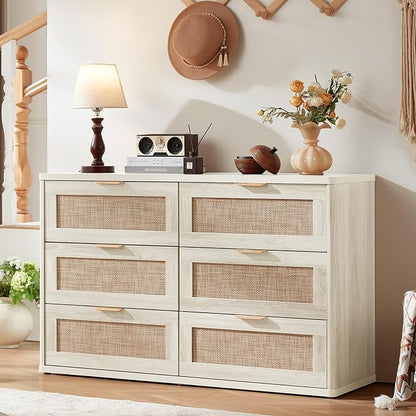 LEYAOYAO Rattan 6 Drawer Dresser for Bedroom, Boho 48" Wide White Dresser Chest of Drawers, Dressers TV Stand with Metal Handle, Storage Dressers Closet Organizer for Living Room, Hallway