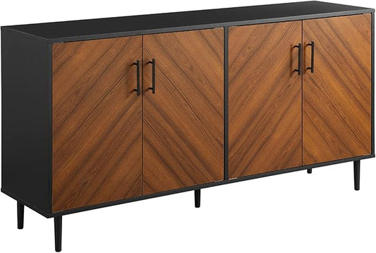 Walker Edison Caye Modern 4-Door Bookmatch Buffet-Sideboard for Storage, 58 Inch, Acorn Bookmatch/Black