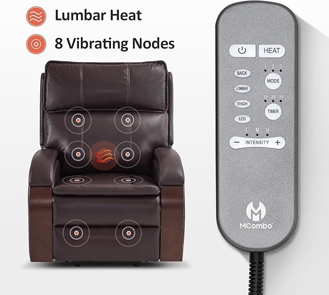 MCombo Power Lift Recliner Chair Sofa with Massage and Heat, Adjustable Headrest for Elderly People, Solid Wood Armrest, USB Ports, Side Pockets, Faux Leather 7917 (Dark Brown, Medium)