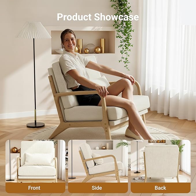 Claiks Mid-Century Modern Accent Chair, Living Room Armchair with Solid Wood Frame & Lumbar Pillow, Comfy Upholstered Lounge Chair for Bedroom, Office, Corduroy, Beige