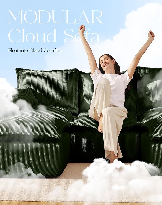107" Comfy Cloud Couch with U-Shape Chaise & Deep Seat, Modular Sectional Sofa in a Box, Boneless Upholstered Couches for Living Room, No Assembly Required (Soft Corduroy, Green)