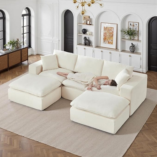 108" Sectional Couches for Living Room Boneless Couch Upholstered Cloud Couch Sectional Modular Sectional Sofa with L Shaped (Chenille-White, 3 Seat+2 Ottoman)