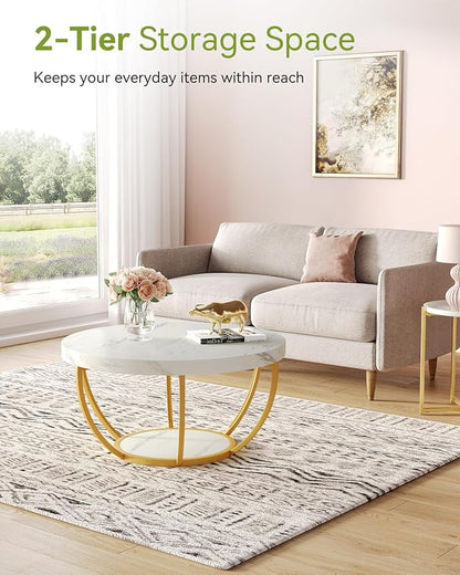 LITTLE TREE Round Coffee Table, 32" Circle Faux Marble Coffee Tables for Living Room, 2-Tier Golden Metal Legs Accent Center Table with Open Storage Modern Design Home Furniture (White and Gold)