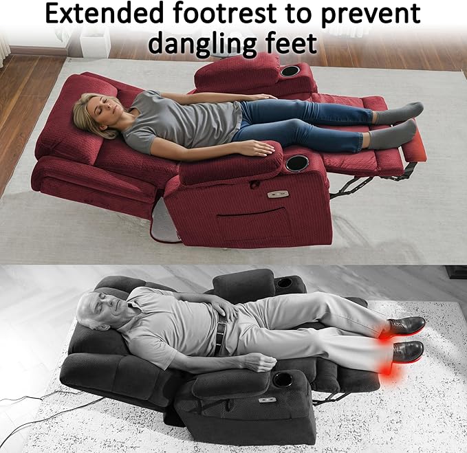 MCombo Large Triple Motor Power Lift Recliner Chair with Massage and Heat for Elderly People, Adjustable Headrest, Infinite Position, USB Ports, Fabric 7662 (Burgundy, Large)