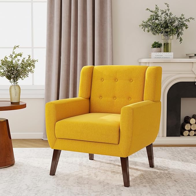 Accent Chair, Modern Fabric Armchair for Living Room, Comfy Upholstered Arm Chair Tufted for Indoor Bedroom Office Room (Yellow)
