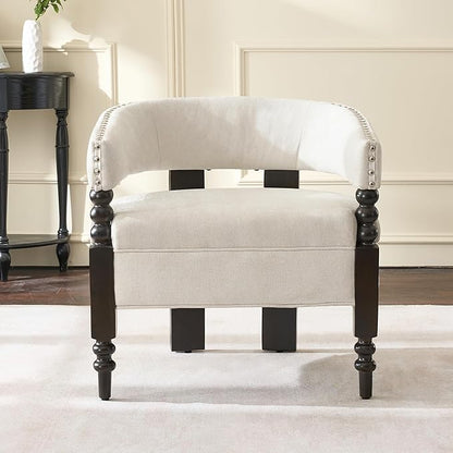 LOULENS Barrel Accent Chair, Vintage Chenille Upholstered Lounge Chair with Solid Wood Legs, Comfy Leisure Side Armchair for Living Room, Bedroom, Reading Nook, Corner, Beige