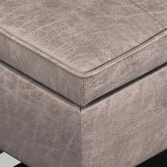 SIMPLIHOME Cosmopolitan 44 inch Wide Transitional Rectangle Storage Ottoman Bench with Open Bottom in Distressed Grey Taupe Vegan Faux Leather, Assembled for the Living Room and Bedroom