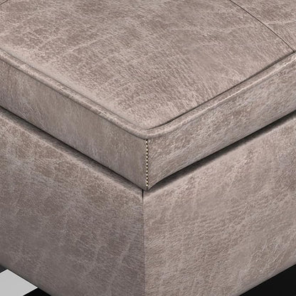 SIMPLIHOME Cosmopolitan 44 inch Wide Transitional Rectangle Storage Ottoman Bench with Open Bottom in Distressed Grey Taupe Vegan Faux Leather, Assembled for the Living Room and Bedroom