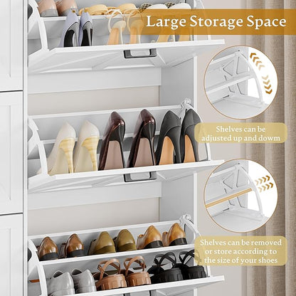 Shoe Cabinet Storage for Entryway, Shoe Storage Cabinet with 6 Flip Drawers, Freestanding Narrow Shoe Rack Organizer with Metal Legs, Adjustable Shelves & Open Storage for Foyer, Hallway, White