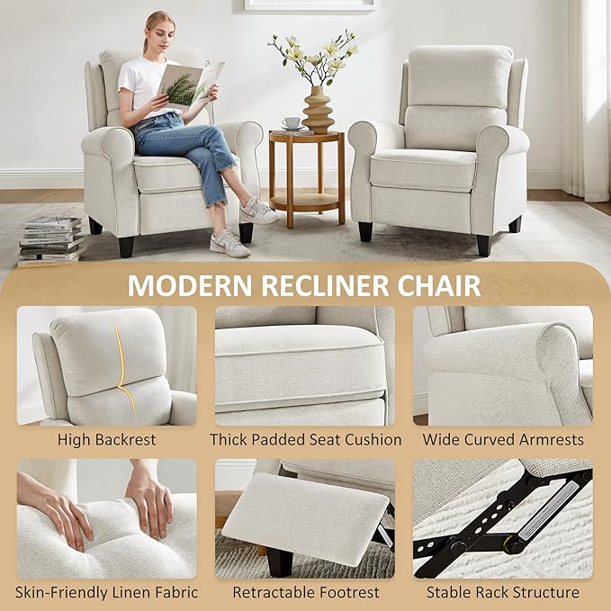 Recliner Chair for Living Room, Modern Reclining Sofa Home Theater Seating with Upholstered Push Back, Mid-Century Reclining Armchair with Lumbar Support, Bedroom, Reading Nook, Office, Set of 2
