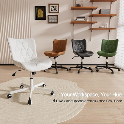 Armless Desk Chair, Morden Home Office Chair no Arms, Adjustable Height & Rocking Computer Chair, PU Leather Vanity Chair, Ergonomic Seat Soft Padded Desk Chairs for Home Small Space, White