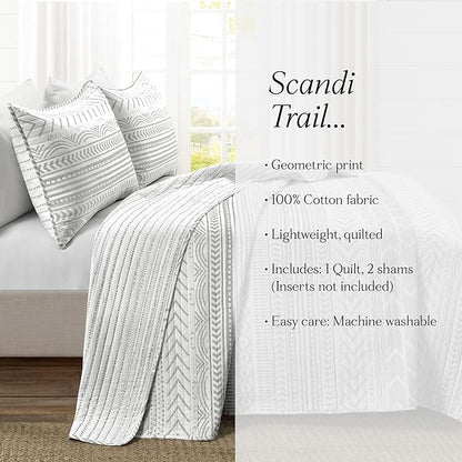 Lush Decor Hygge Geo Pattern Striped 3 Piece Quilt Bedding Set, Full/Queen, Gray & White